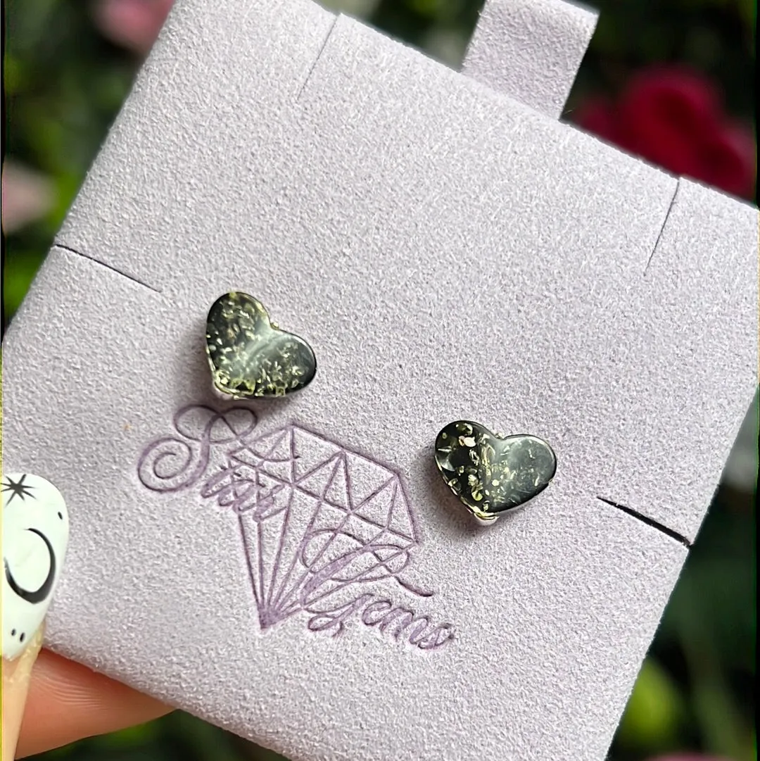 Amber Heart 925 Sterling Silver Studs - green amber