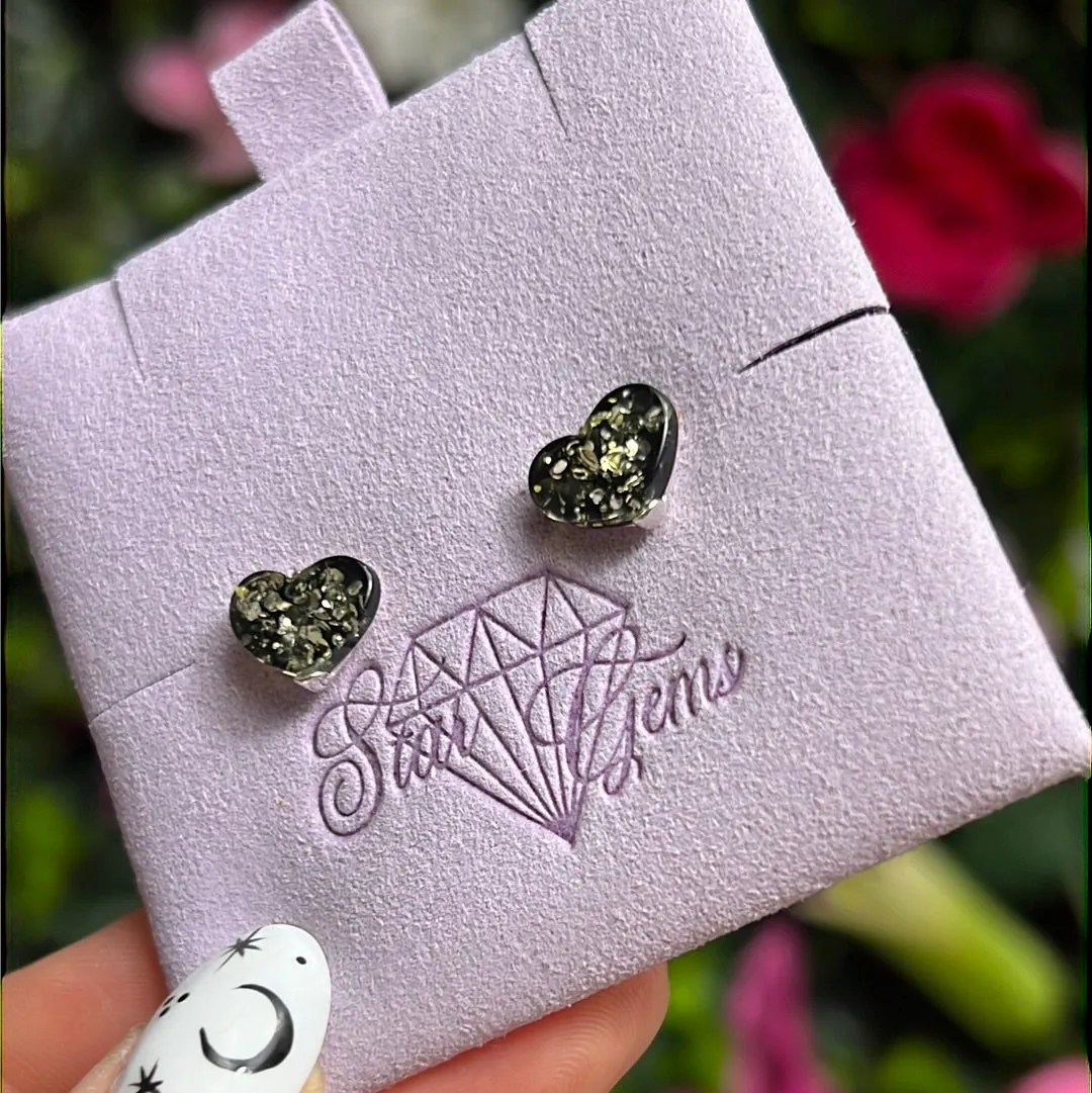 Amber Heart 925 Sterling Silver Studs - green amber