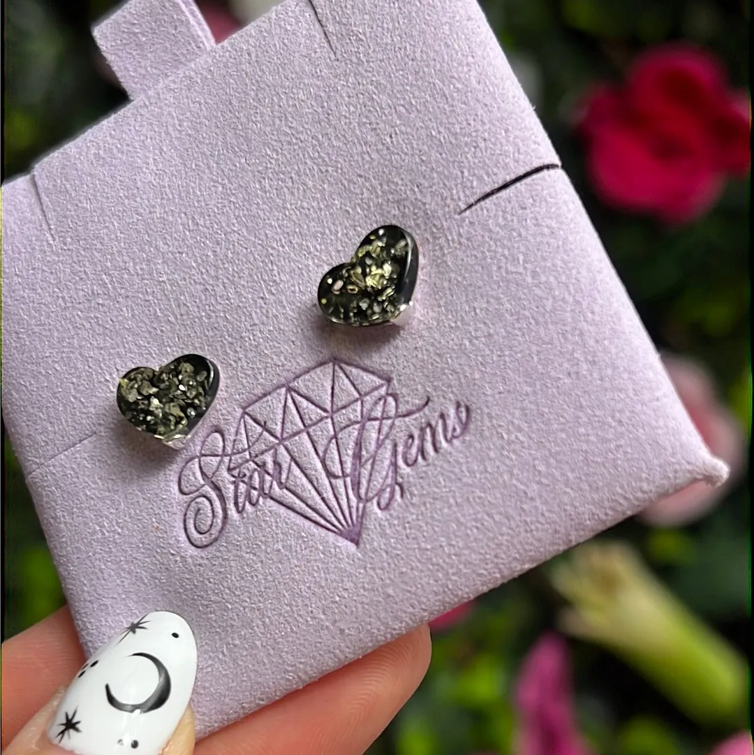 Amber Heart 925 Sterling Silver Studs - green amber
