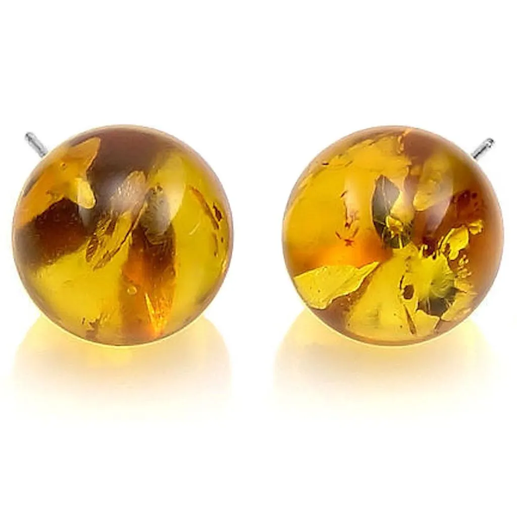 Anya: Natural Baltic Amber Ball Stud Earrings 14K White Gold