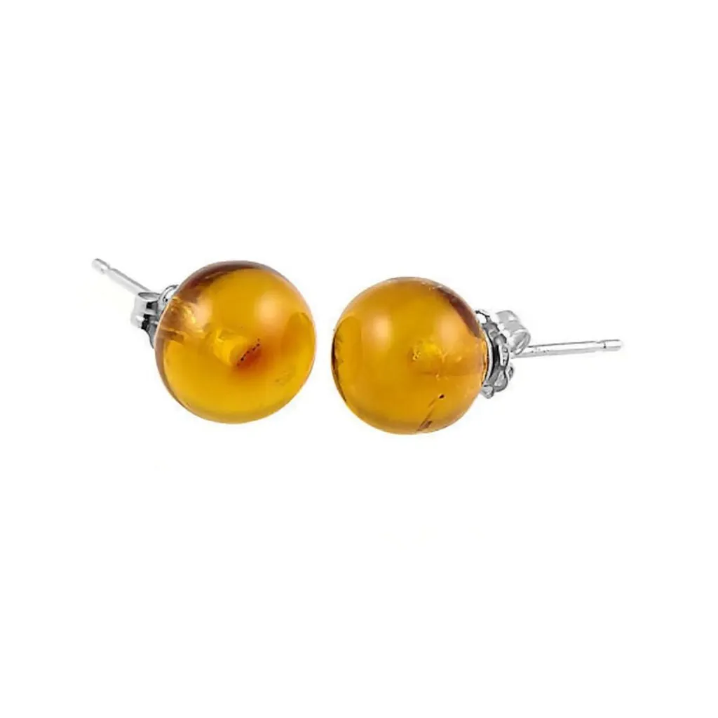 Anya: Natural Baltic Amber Ball Stud Earrings 14K White Gold