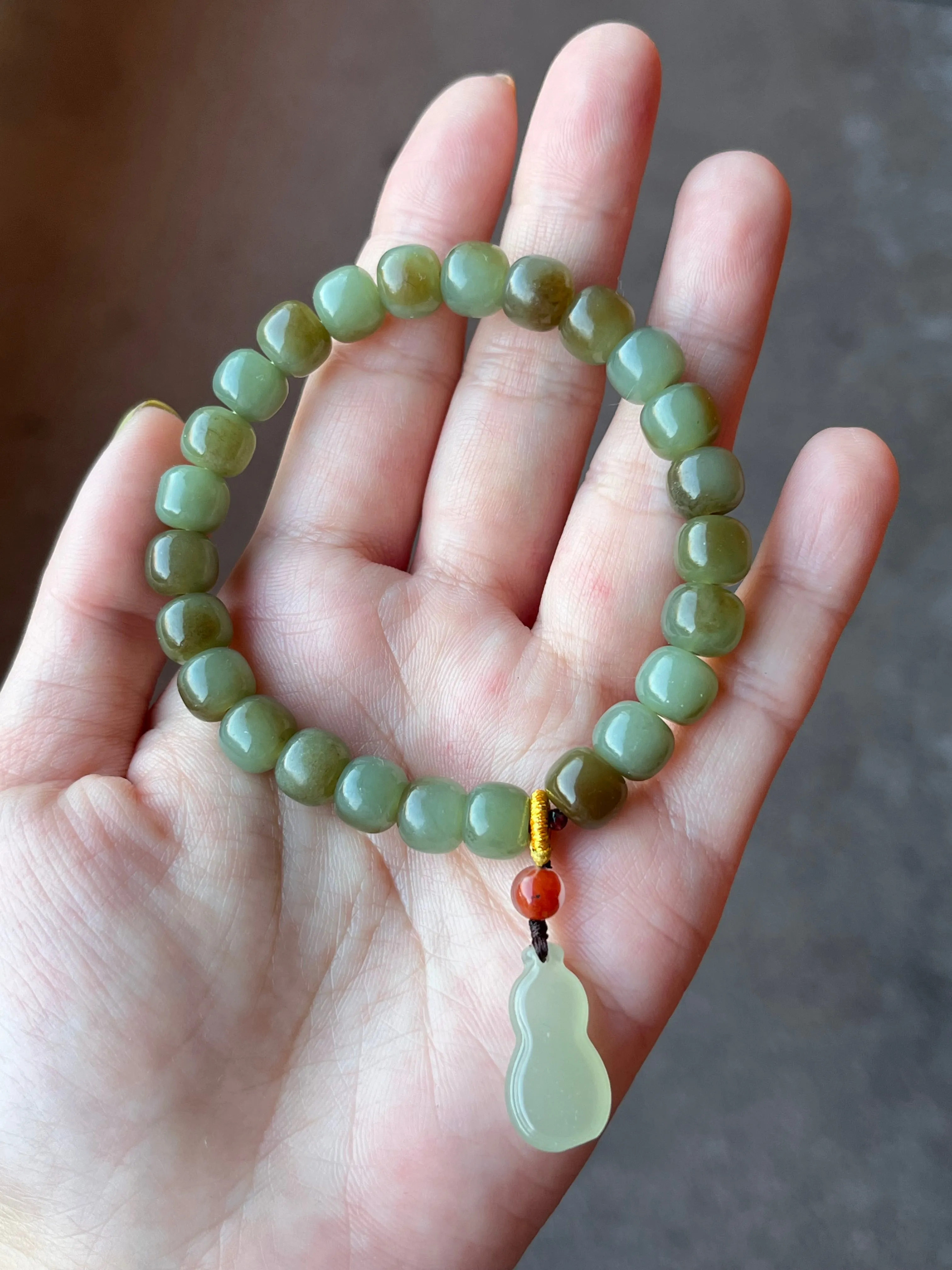 Blue and Brown Nephrite Jade Bracelet with 8mm x 6mm Barrel Beads and a Jade Hulu Pendant