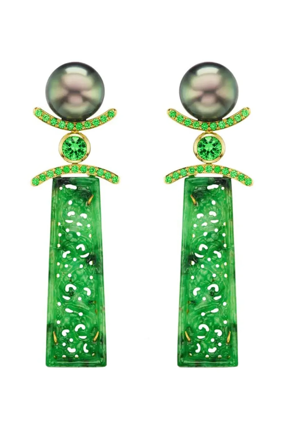 Carved Jade Tahitian Pearl Earrings