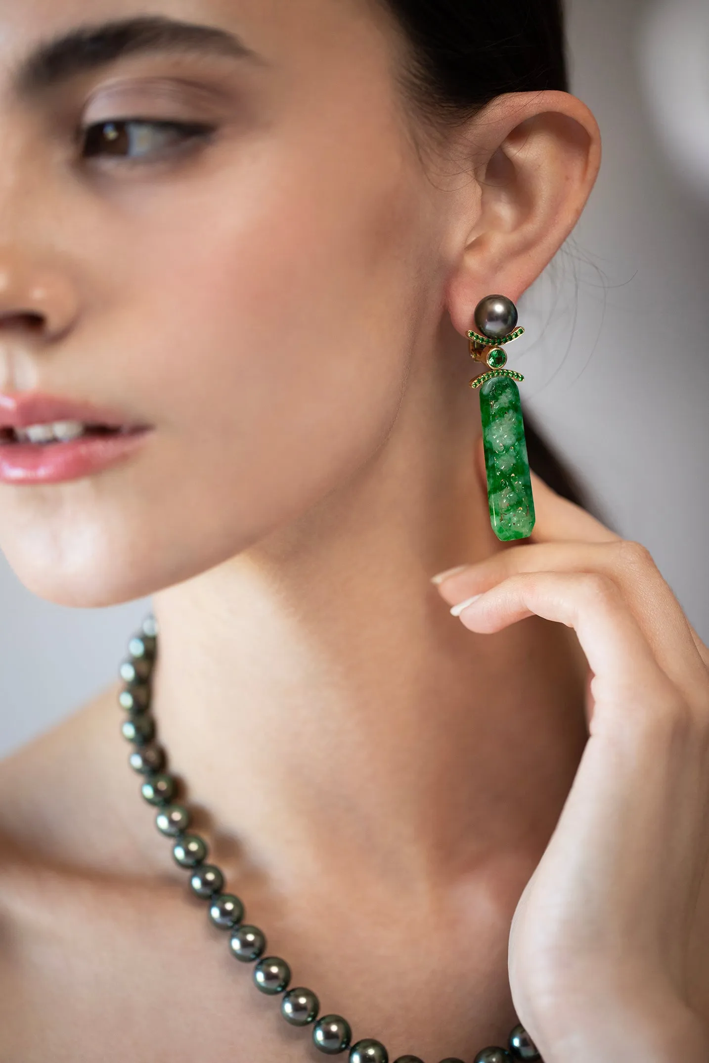 Carved Jade Tahitian Pearl Earrings
