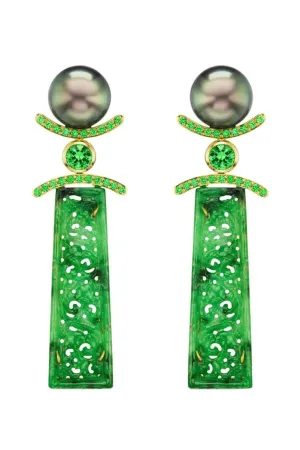 Carved Jade Tahitian Pearl Earrings