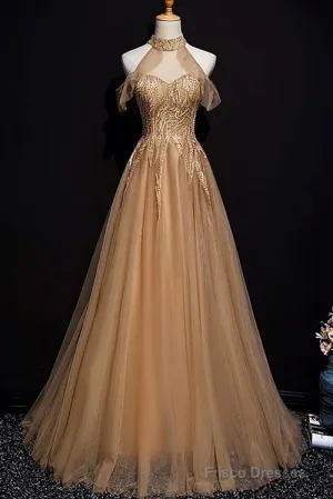 Charming Champagne Tulle Halter Long Party Gown, Prom Dress