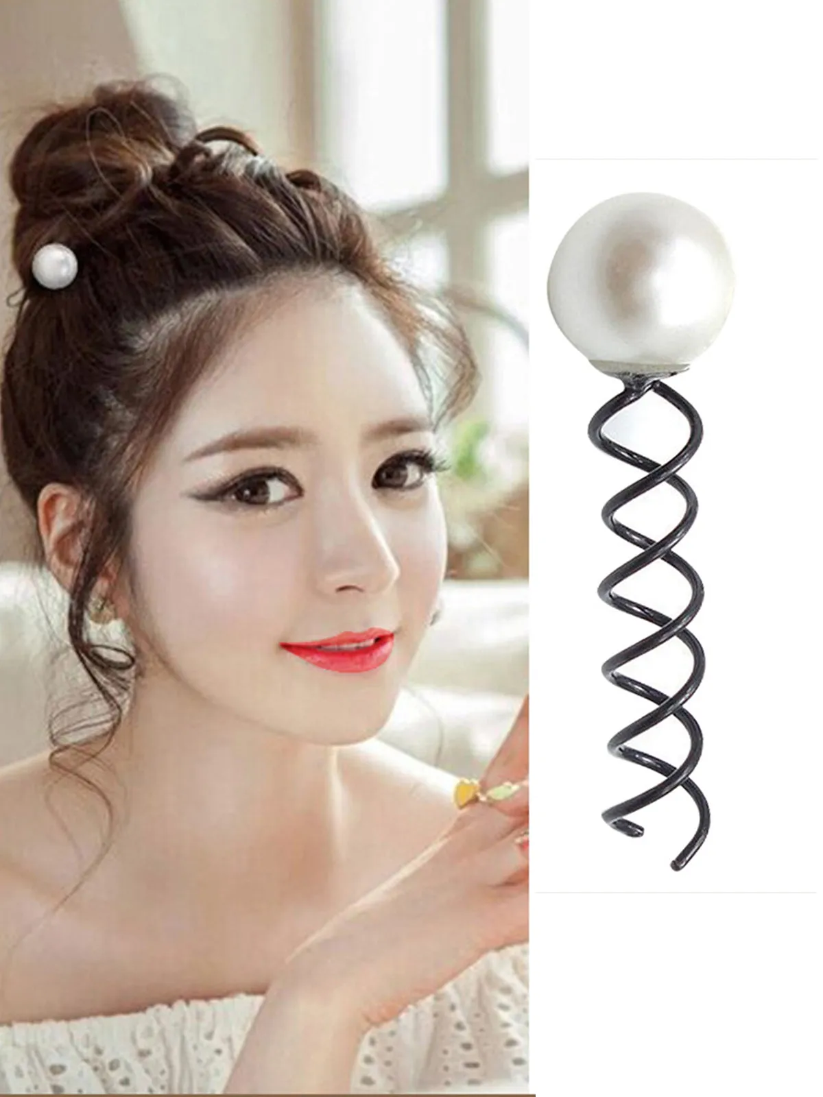 Coiled pearl rotary spiral hairpin
