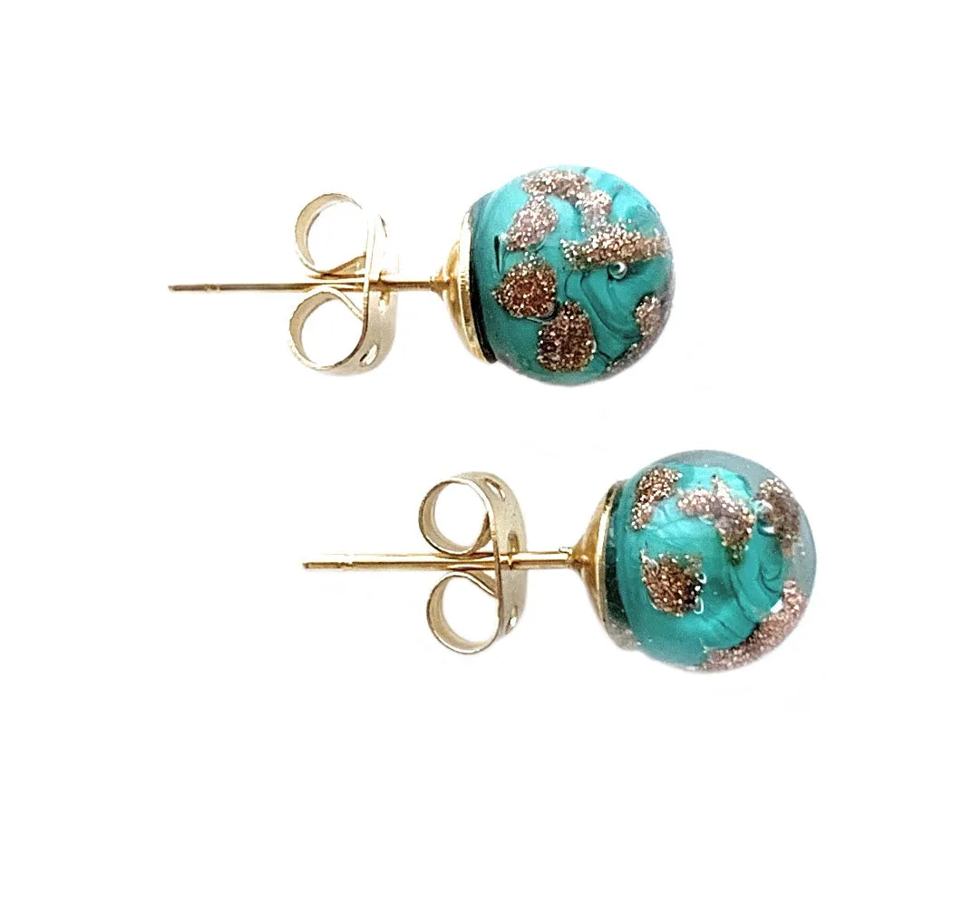 Earrings with teal (green) pastel aventurine Murano glass sphere studs on gold plated posts