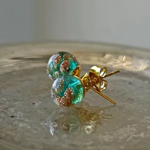 Earrings with teal (green) translucent and aventurine Murano glass sphere studs on gold posts