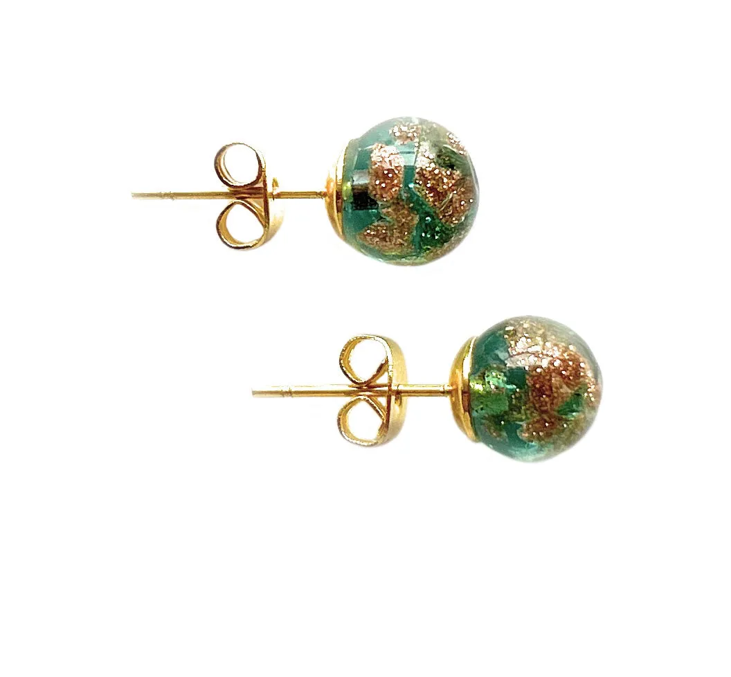 Earrings with teal (green) translucent and aventurine Murano glass sphere studs on gold posts