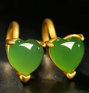 Gold Inlaid Jade Heart-shaped Jasper Earrings-Tajade