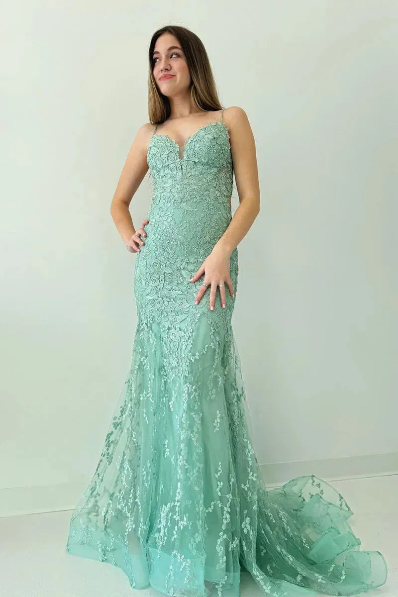 Green V Neck Lace Mermaid Long Prom Dress Charming Evening Dress