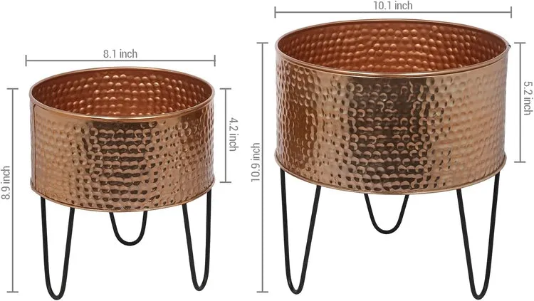 Hammered Style Copper Tone Galvanized Metal Planter Pots with Matte Black Metal Wire Stand, Set of 2