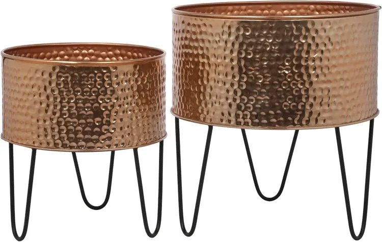 Hammered Style Copper Tone Galvanized Metal Planter Pots with Matte Black Metal Wire Stand, Set of 2