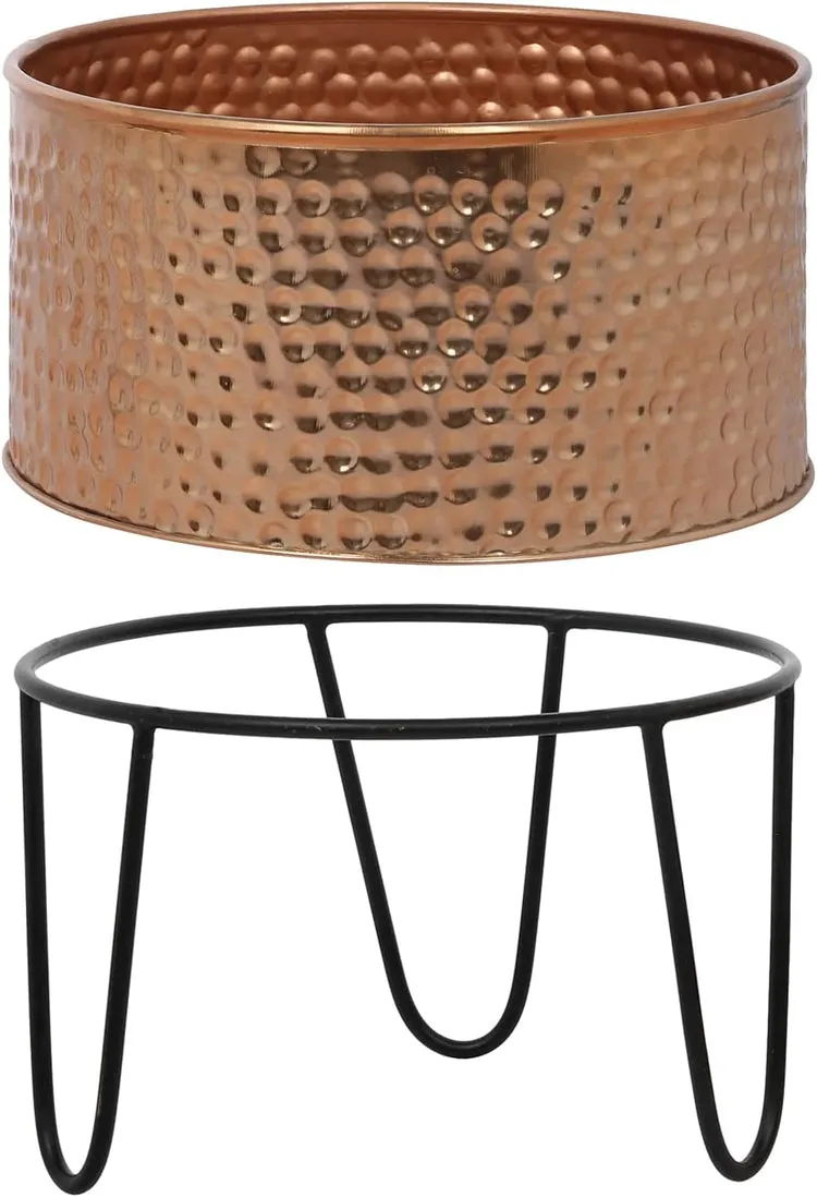 Hammered Style Copper Tone Galvanized Metal Planter Pots with Matte Black Metal Wire Stand, Set of 2