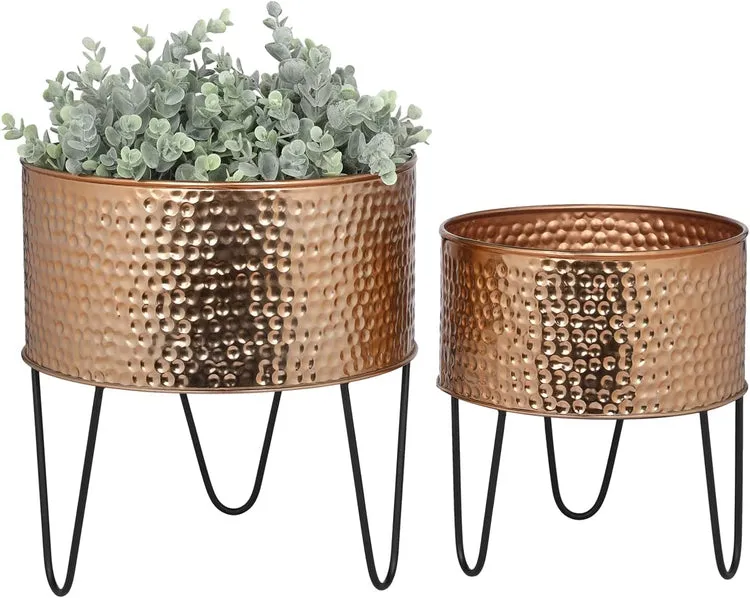 Hammered Style Copper Tone Galvanized Metal Planter Pots with Matte Black Metal Wire Stand, Set of 2