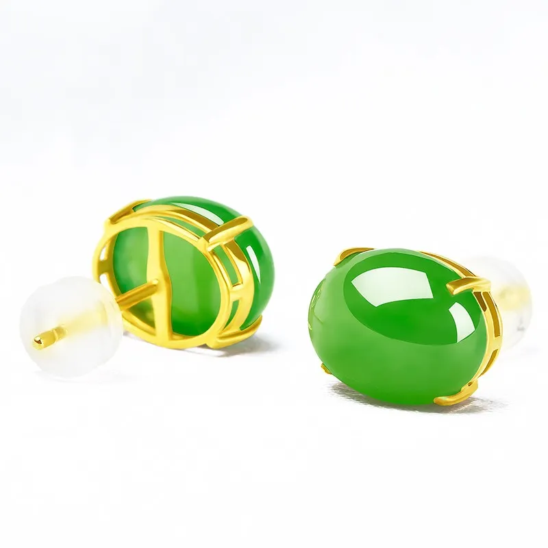 Hetian Jade 18k Gold Inlaid Jasper Green Stud Earrings-Tajade