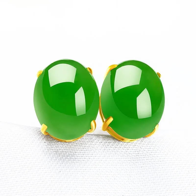 Hetian Jade 18k Gold Inlaid Jasper Green Stud Earrings-Tajade