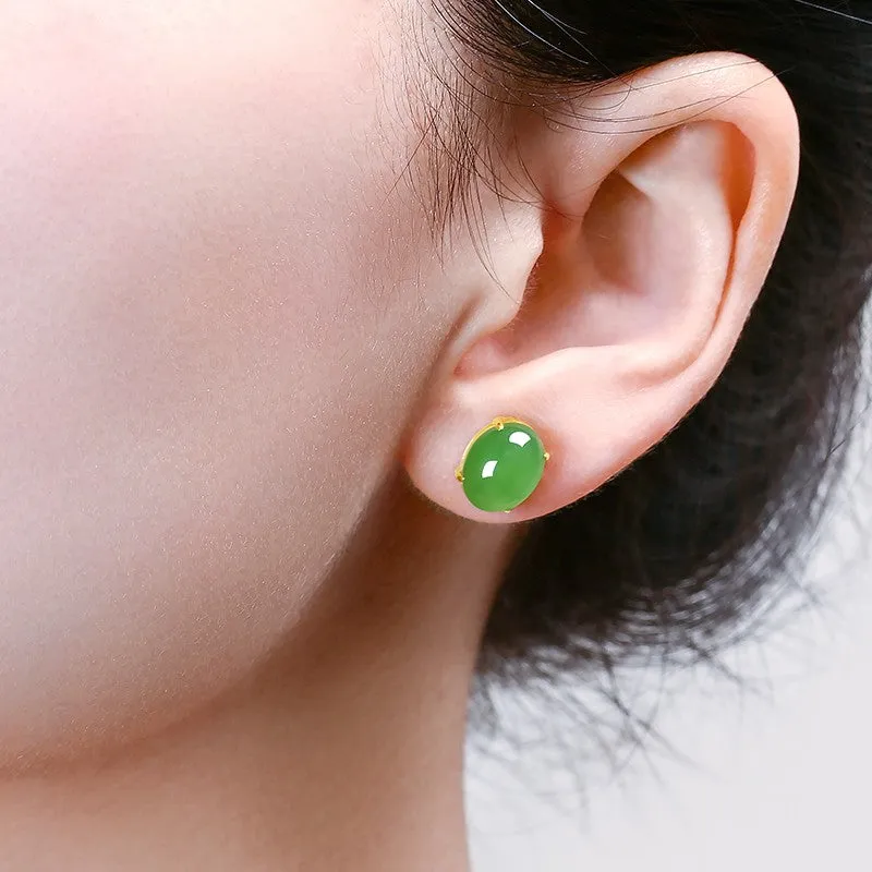Hetian Jade 18k Gold Inlaid Jasper Green Stud Earrings-Tajade