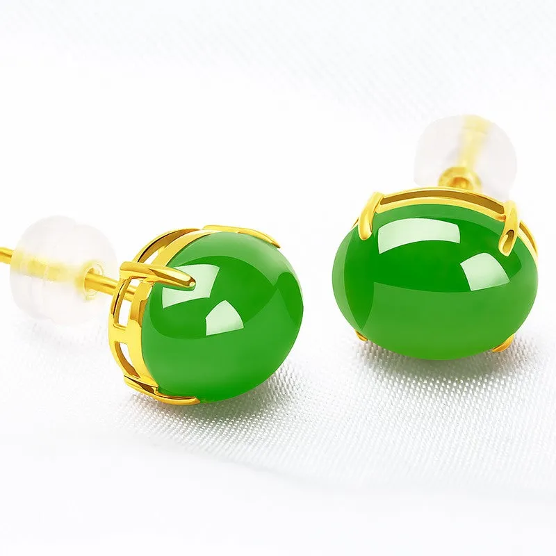 Hetian Jade 18k Gold Inlaid Jasper Green Stud Earrings-Tajade