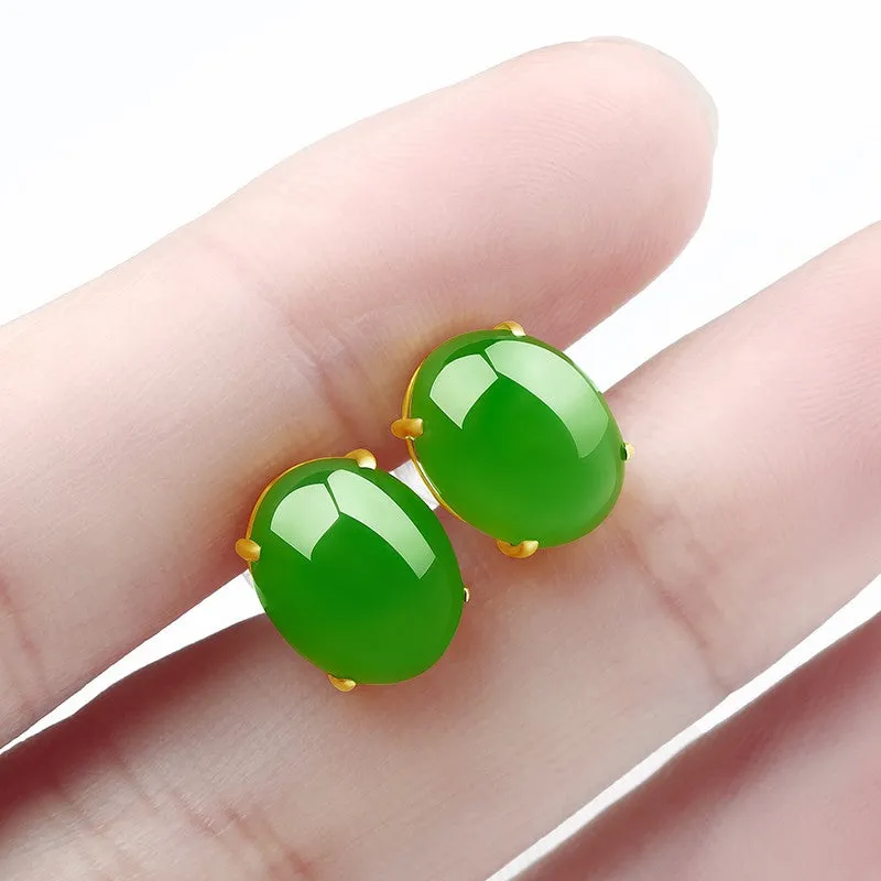 Hetian Jade 18k Gold Inlaid Jasper Green Stud Earrings-Tajade
