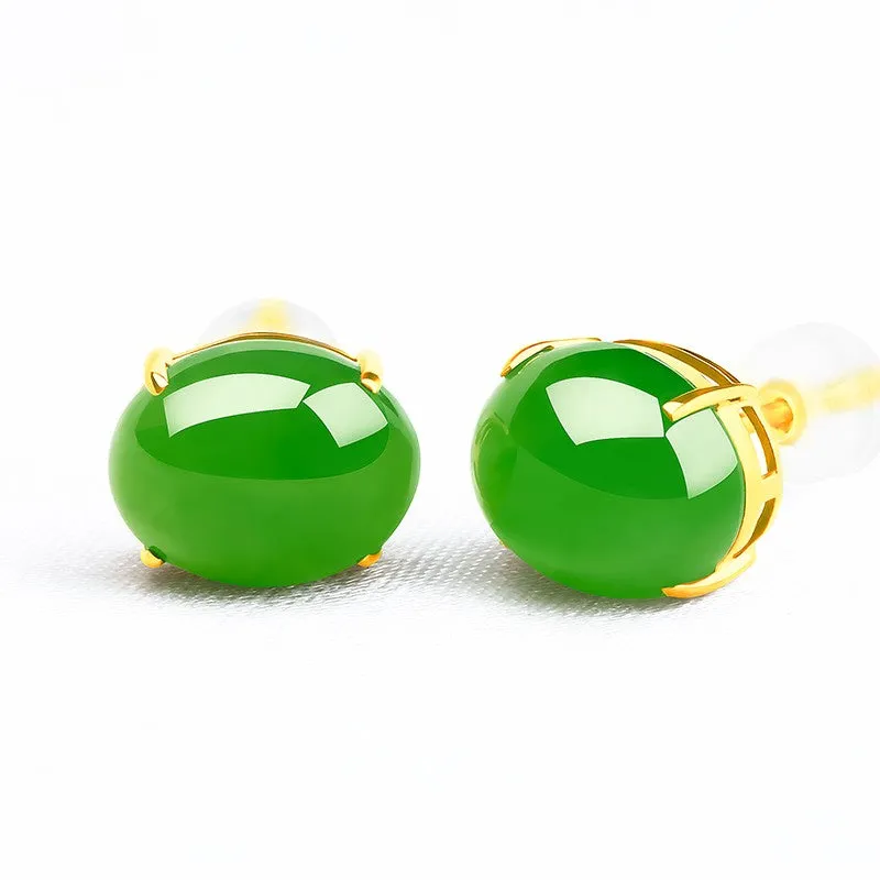 Hetian Jade 18k Gold Inlaid Jasper Green Stud Earrings-Tajade