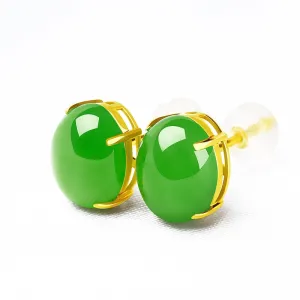 Hetian Jade 18k Gold Inlaid Jasper Green Stud Earrings-Tajade