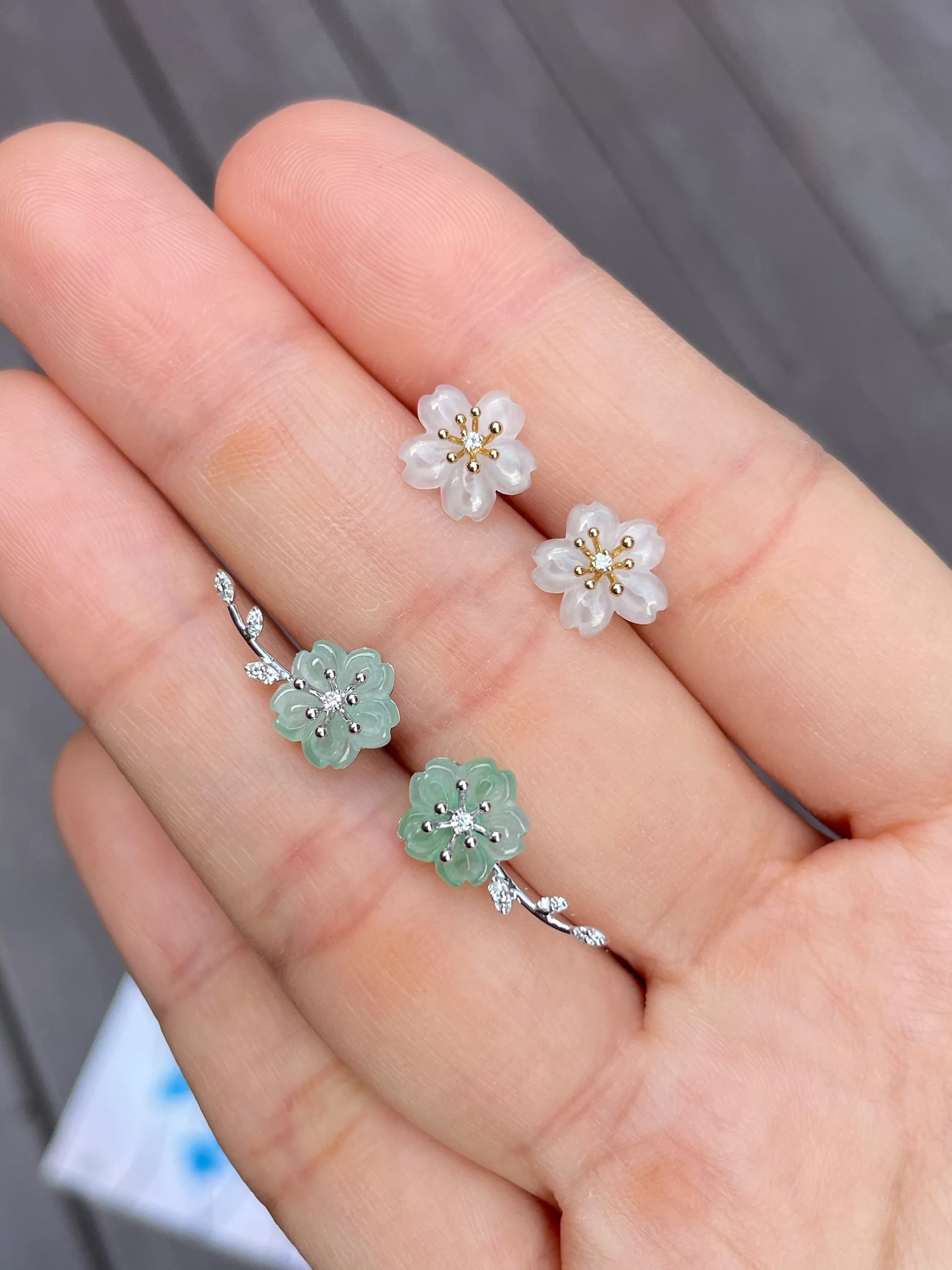 Icy White & Light Green Jade Earrings - Cherry Blossom (NJE037)