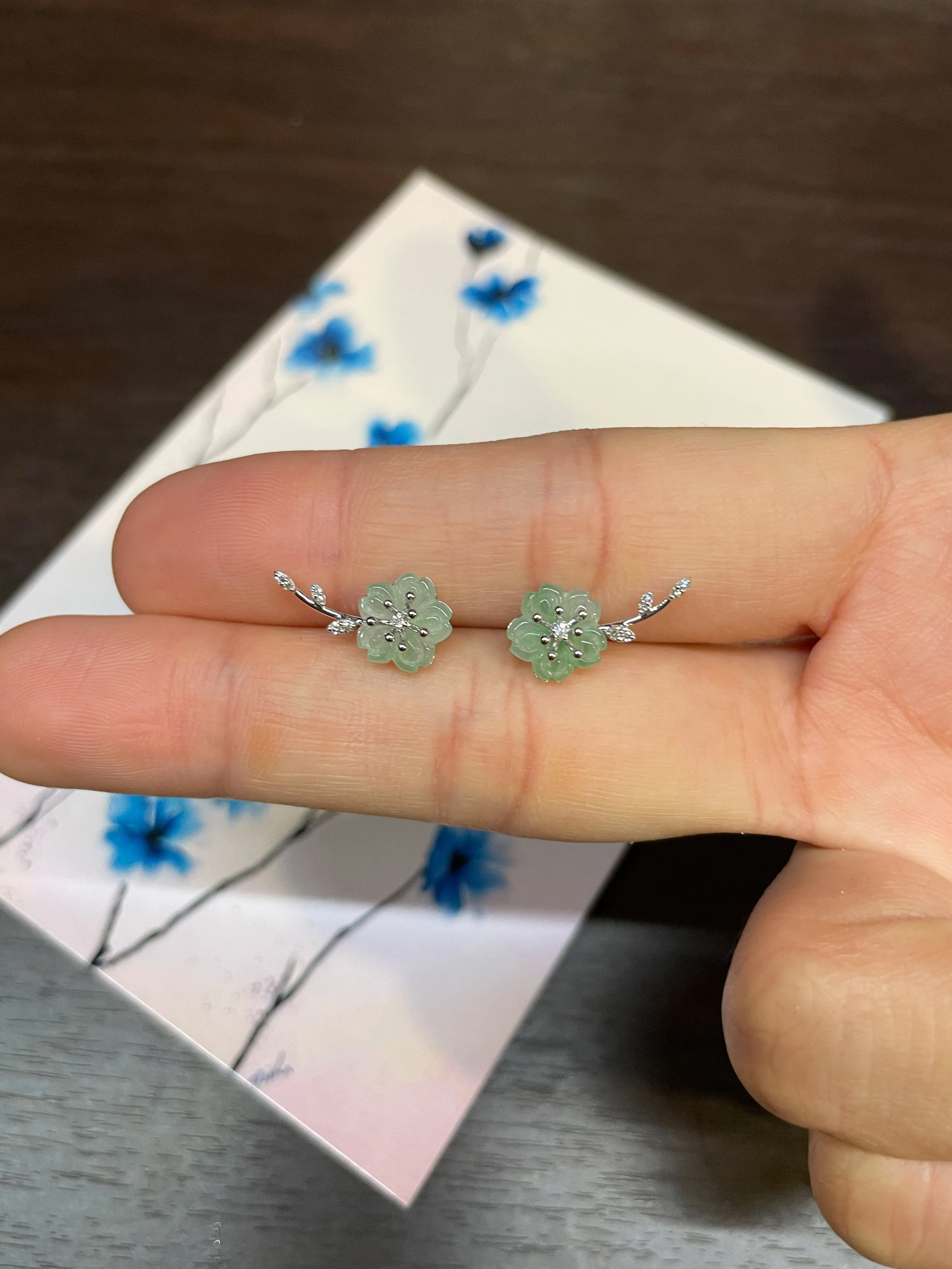 Icy White & Light Green Jade Earrings - Cherry Blossom (NJE037)
