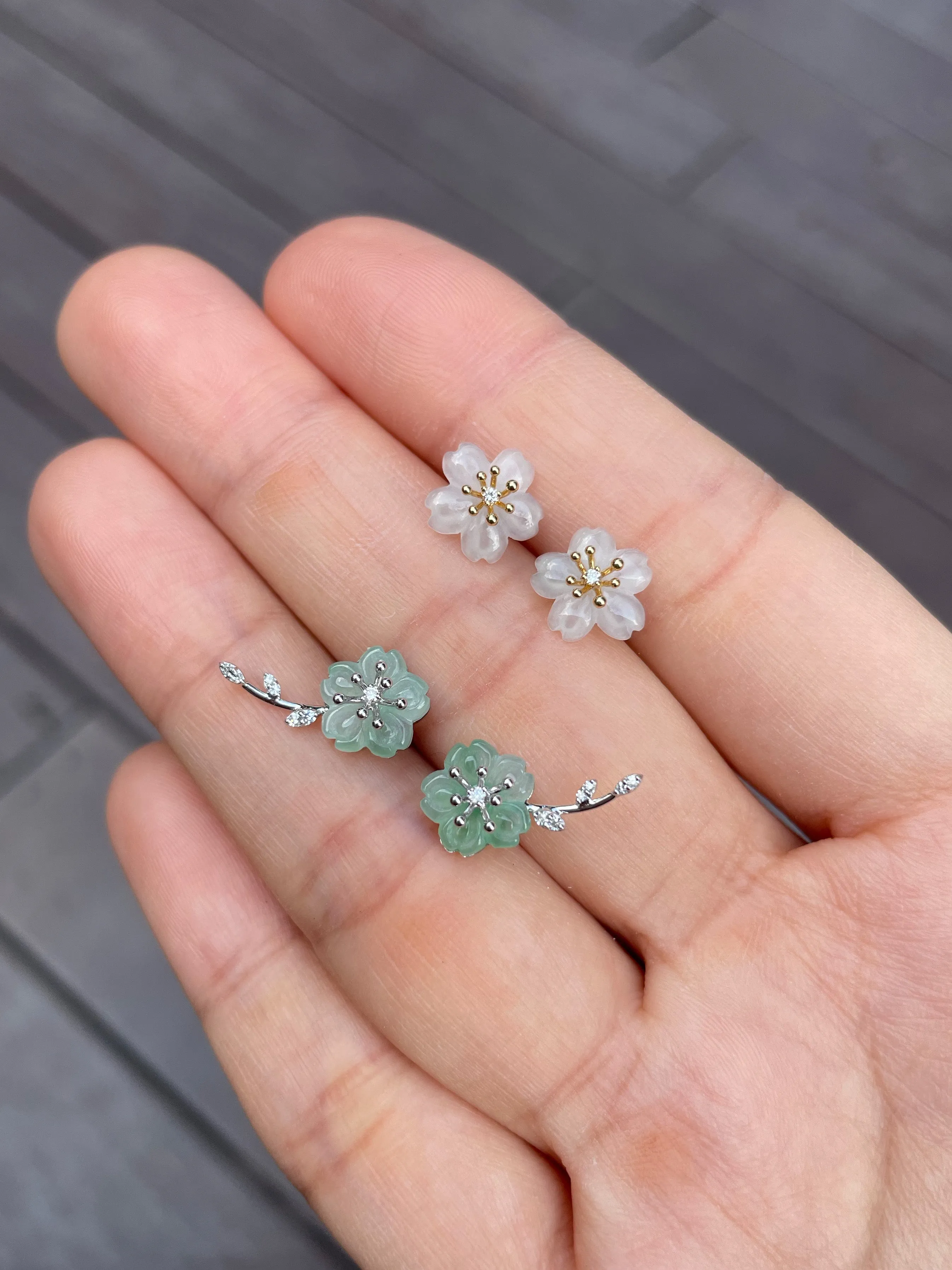 Icy White & Light Green Jade Earrings - Cherry Blossom (NJE037)