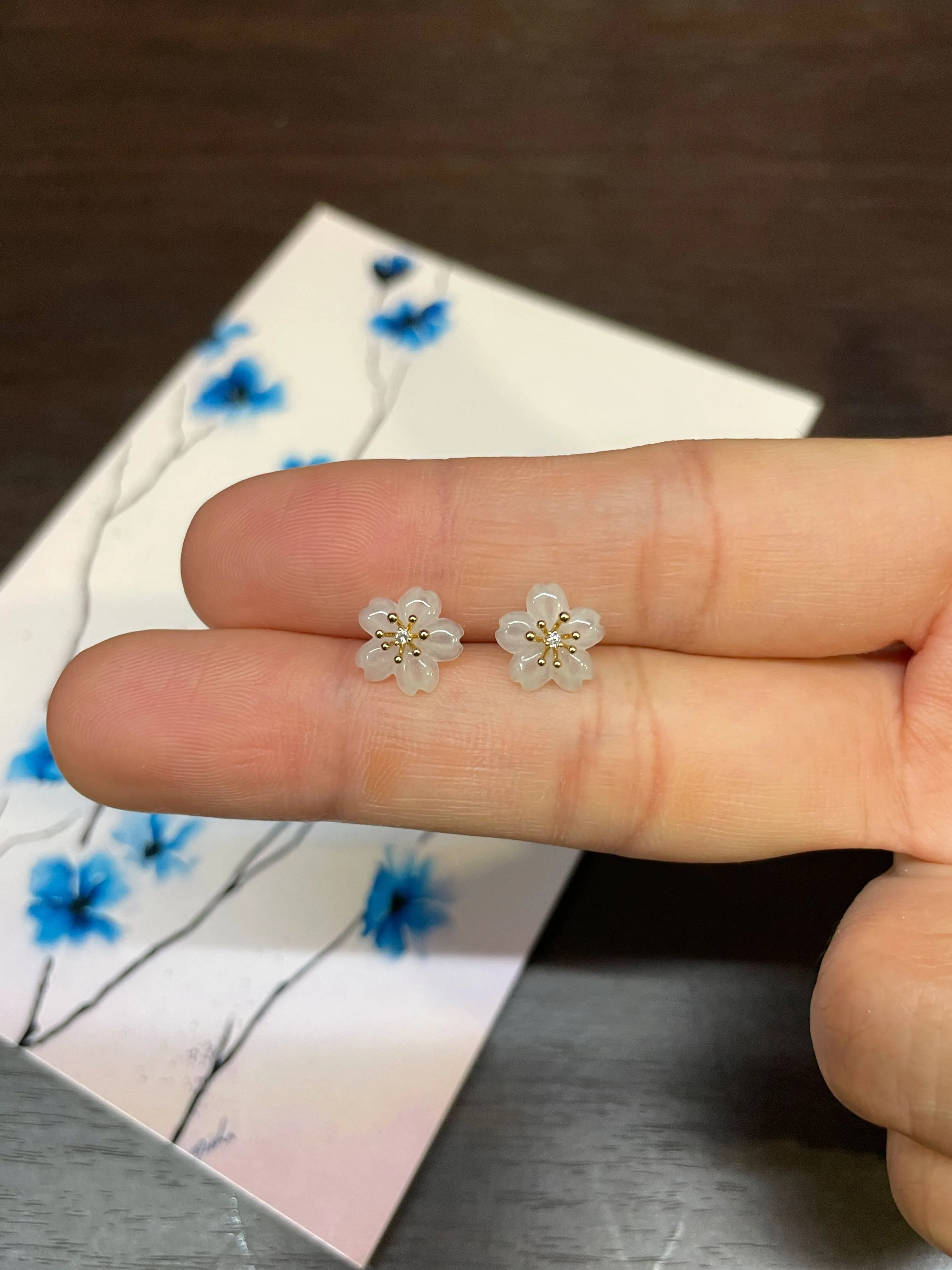 Icy White & Light Green Jade Earrings - Cherry Blossom (NJE037)