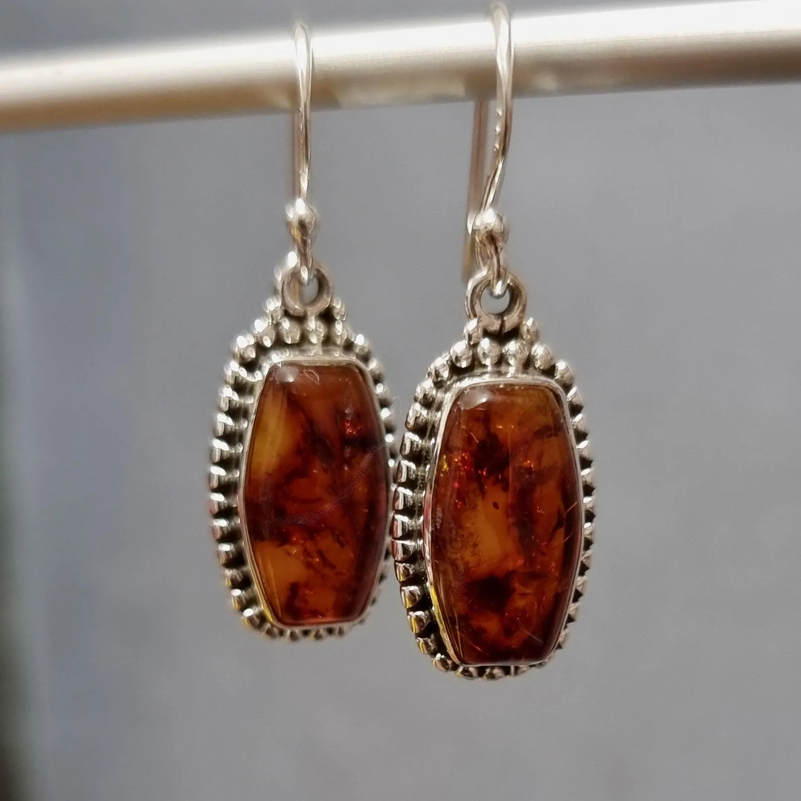 Large Boho Rectangle Baltic Amber 925 Silver Earrings, AMBE6