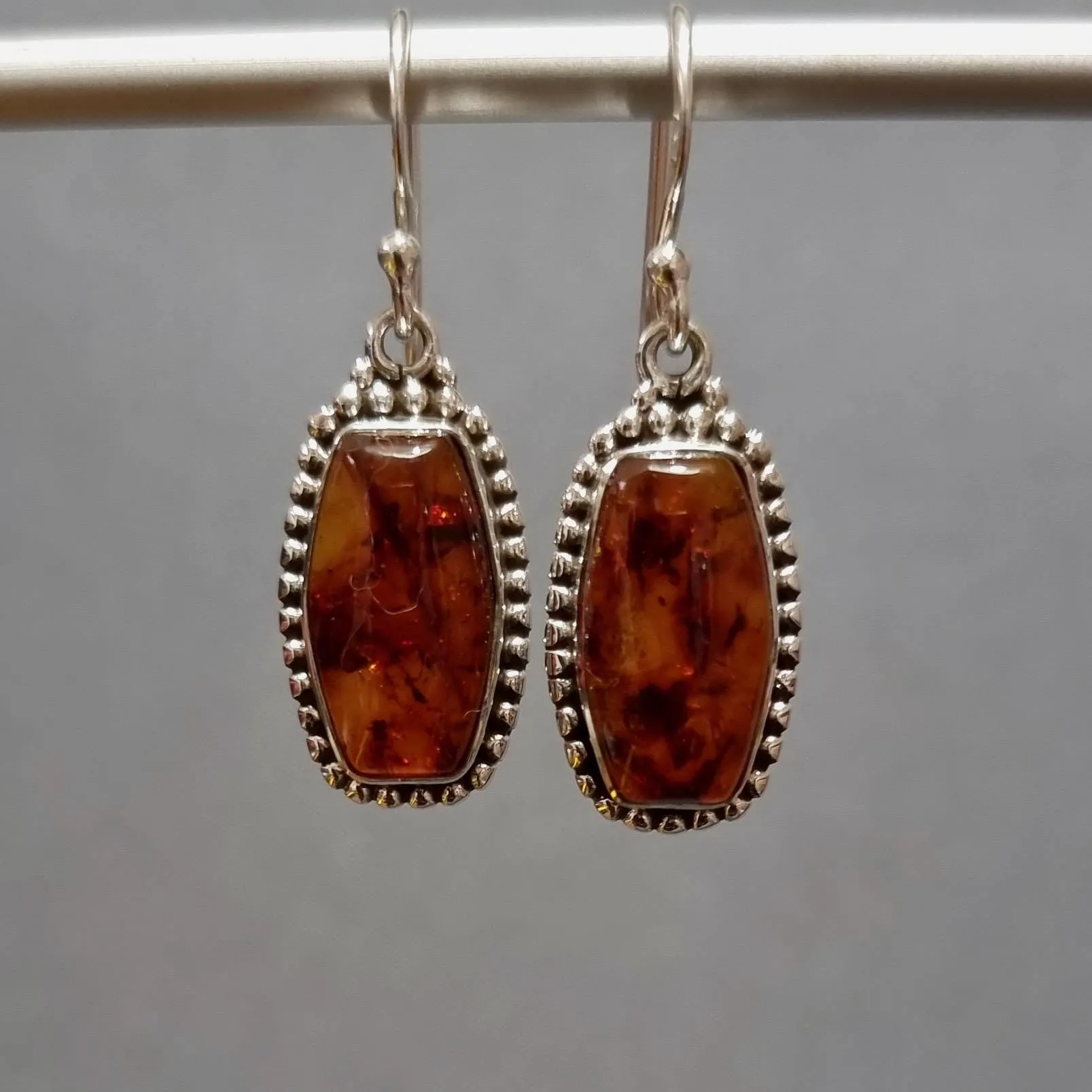 Large Boho Rectangle Baltic Amber 925 Silver Earrings, AMBE6