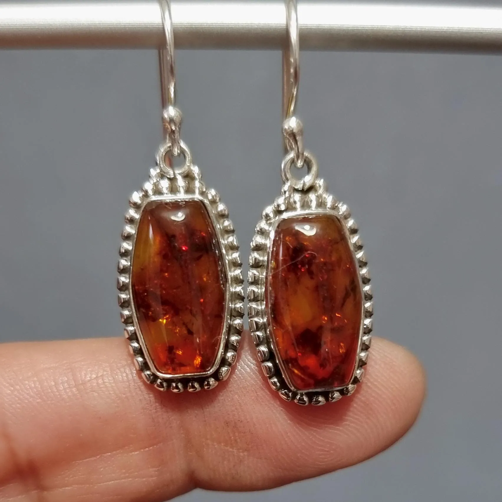 Large Boho Rectangle Baltic Amber 925 Silver Earrings, AMBE6