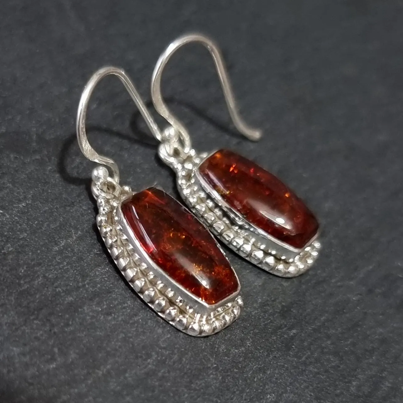 Large Boho Rectangle Baltic Amber 925 Silver Earrings, AMBE6