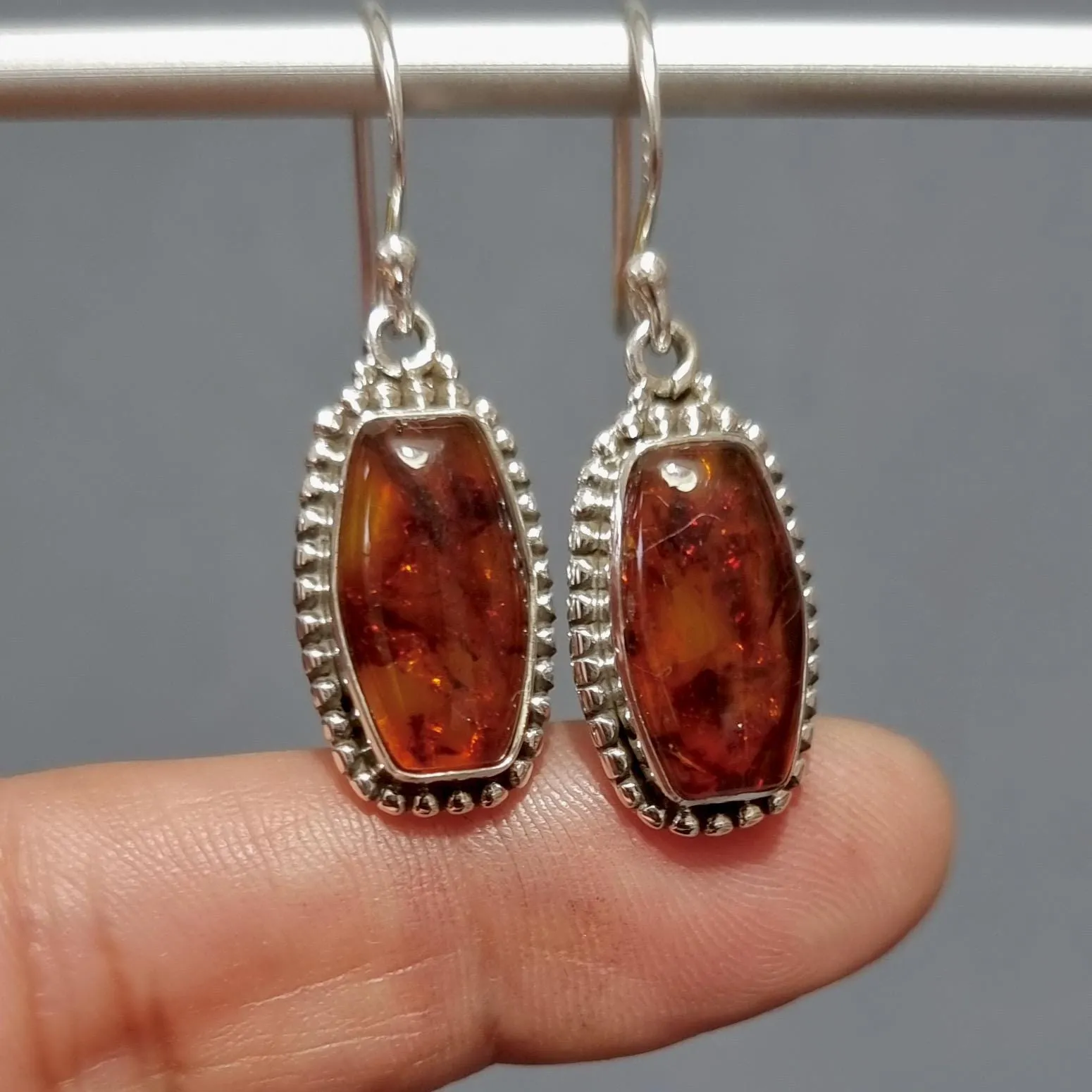 Large Boho Rectangle Baltic Amber 925 Silver Earrings, AMBE6