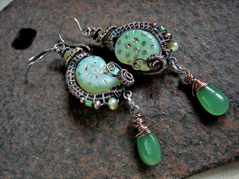 Luminous Green Nautilus Earrings, Iridescent Spots, Copper Wire Wrap