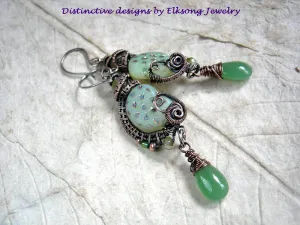 Luminous Green Nautilus Earrings, Iridescent Spots, Copper Wire Wrap