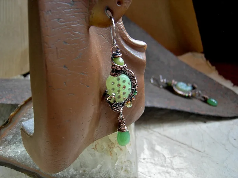 Luminous Green Nautilus Earrings, Iridescent Spots, Copper Wire Wrap