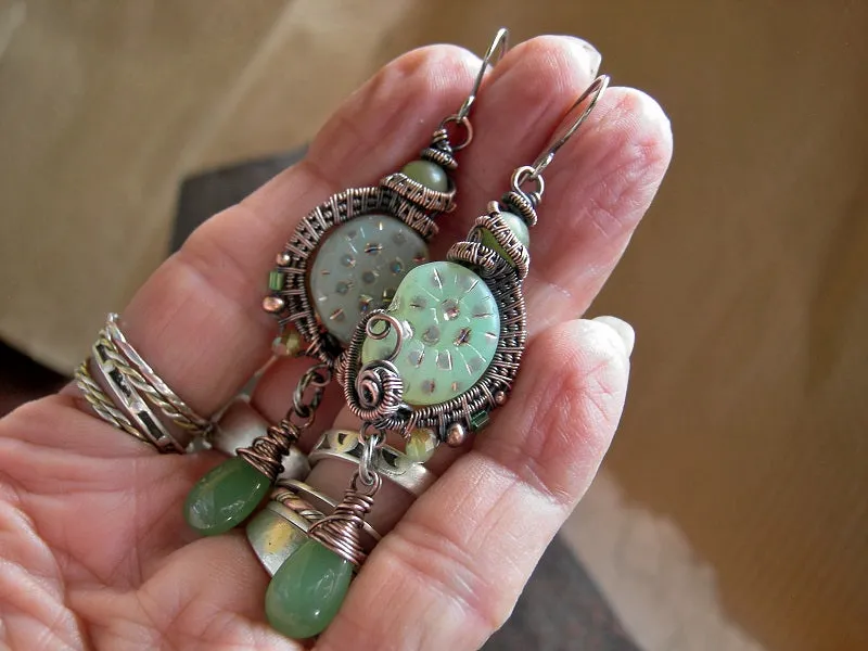 Luminous Green Nautilus Earrings, Iridescent Spots, Copper Wire Wrap