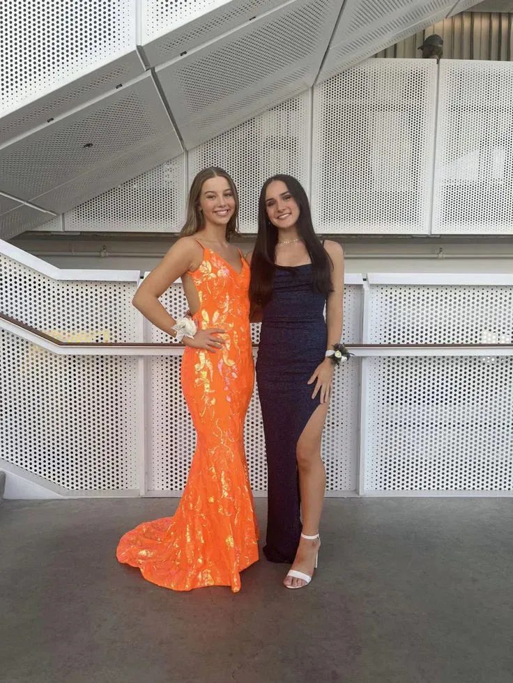 Orange V-neck Mermaid backless Long Prom Dress Charming Evening Party Dress