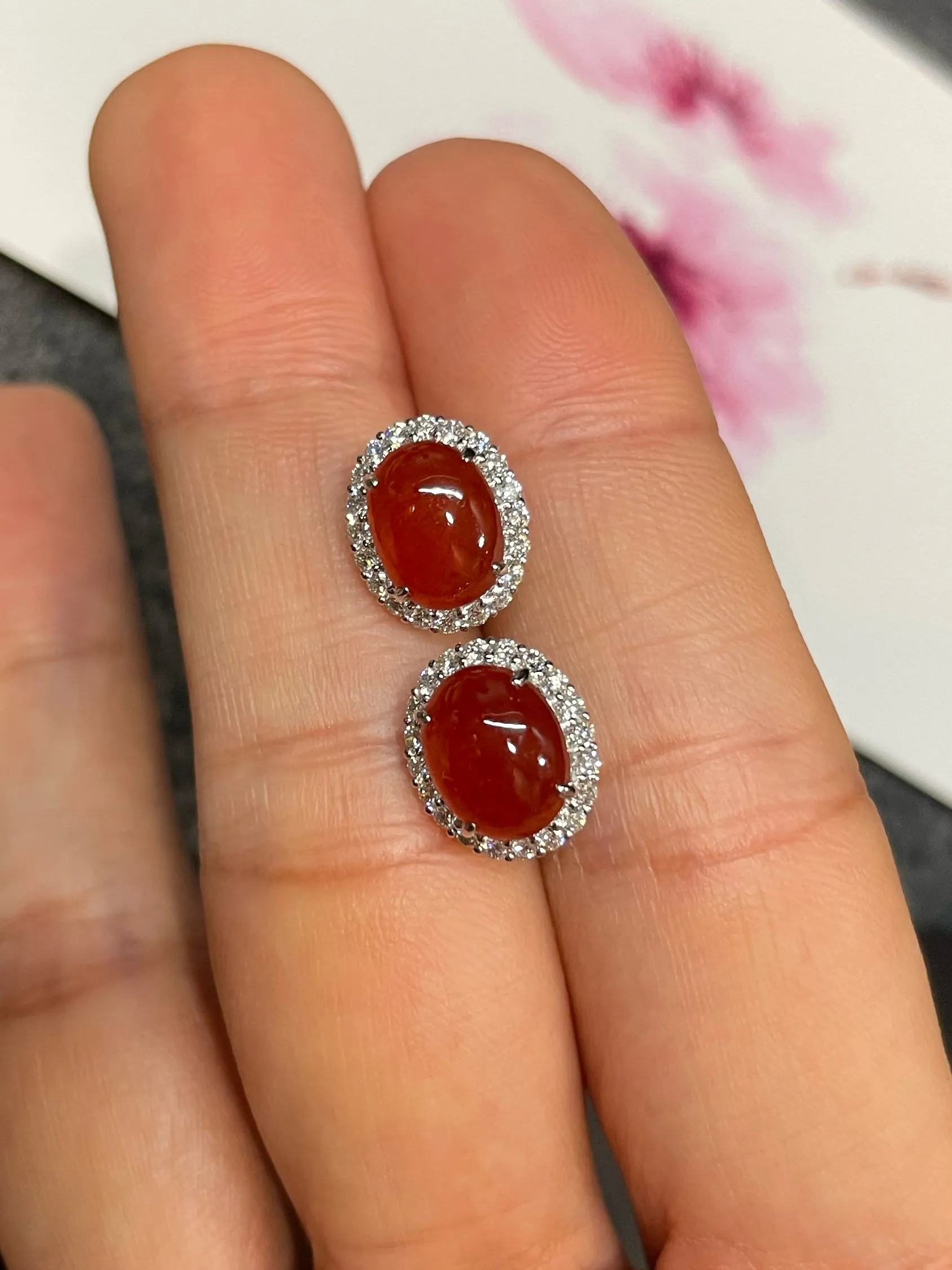 Red Jade Cabochon Earrings (NJE045)