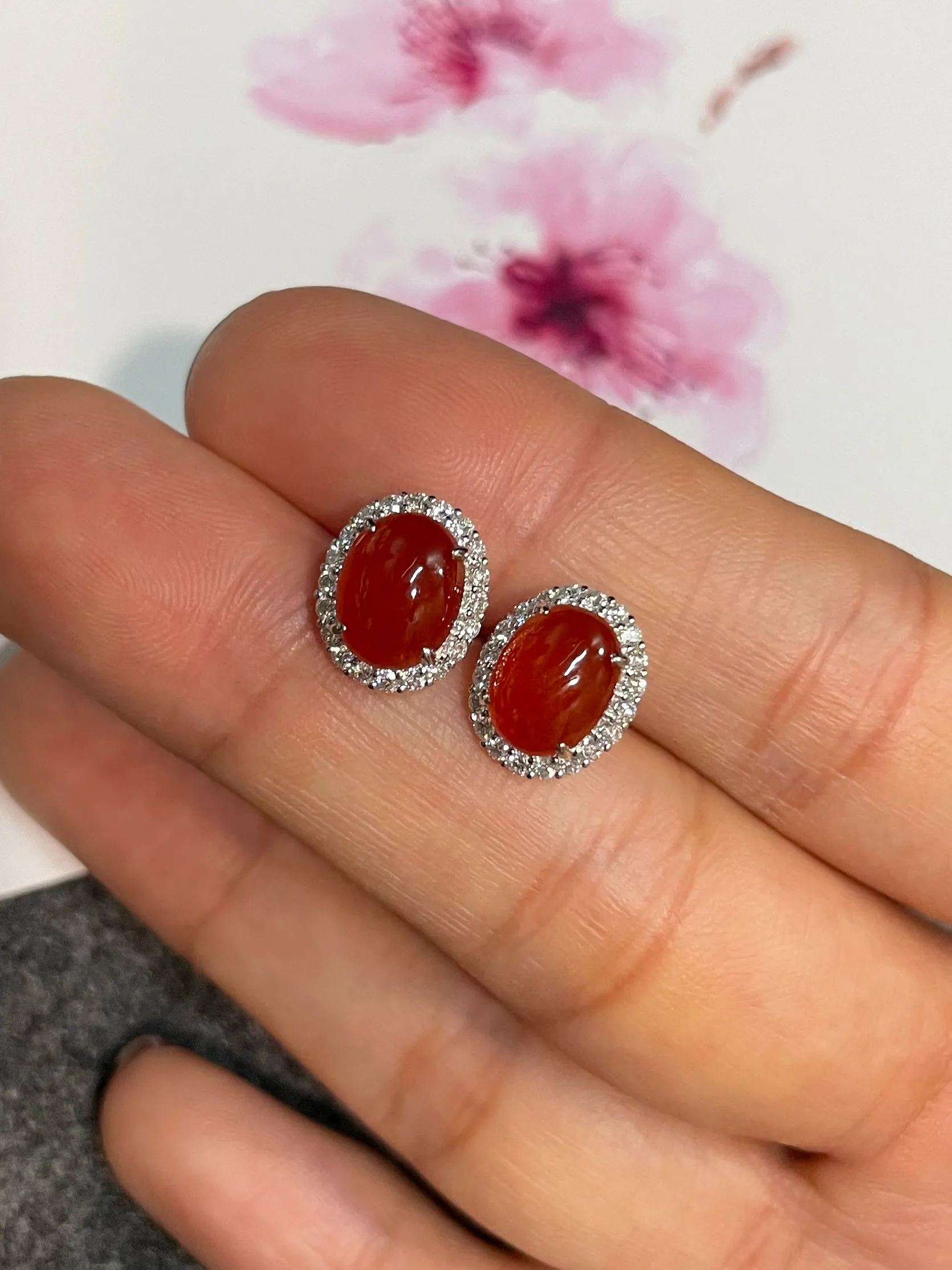 Red Jade Cabochon Earrings (NJE045)