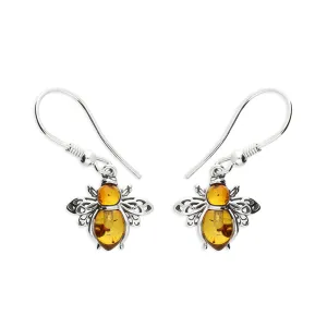 Solid 925 Sterling Silver Real Amber Bumble Bee Earrings