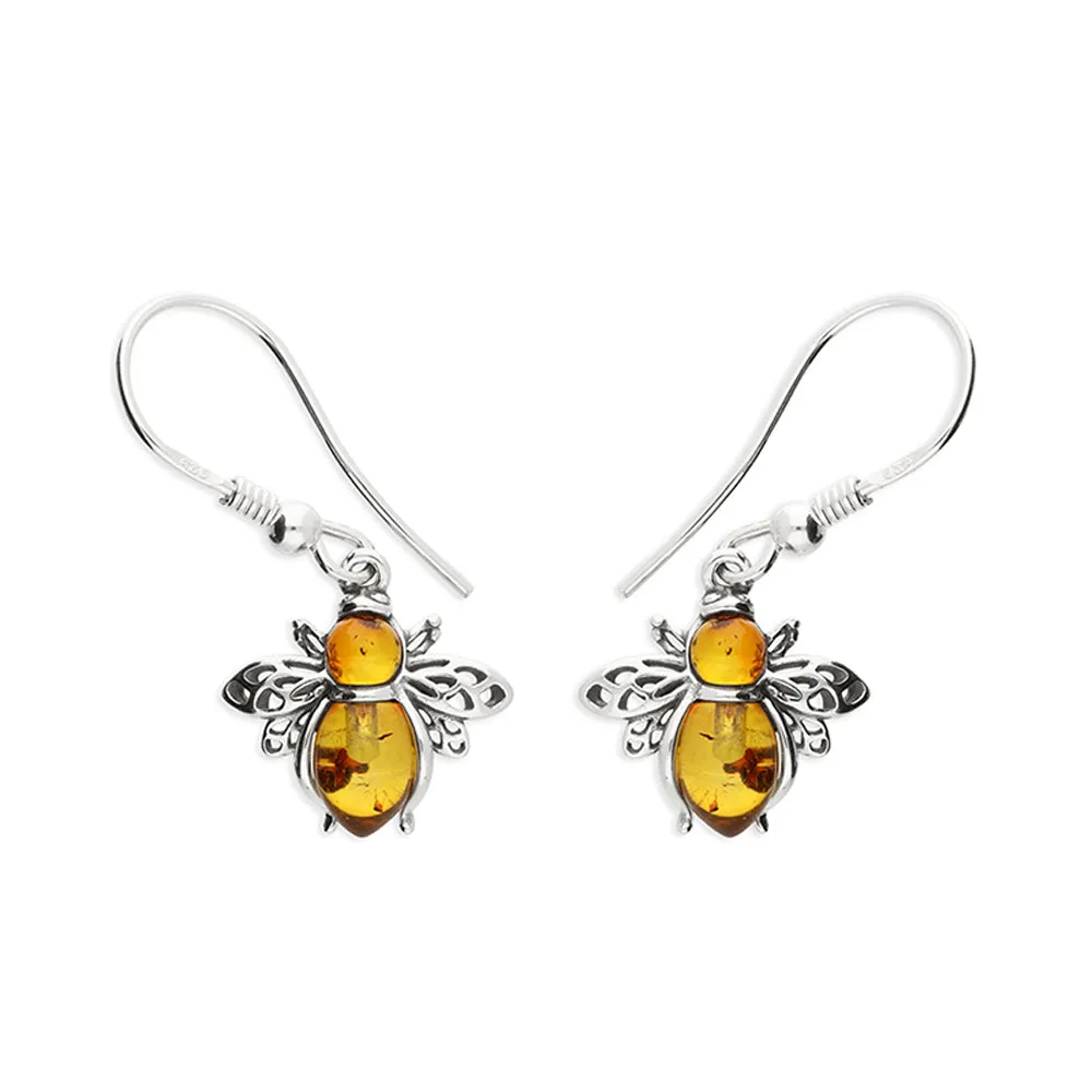 Solid 925 Sterling Silver Real Amber Bumble Bee Earrings