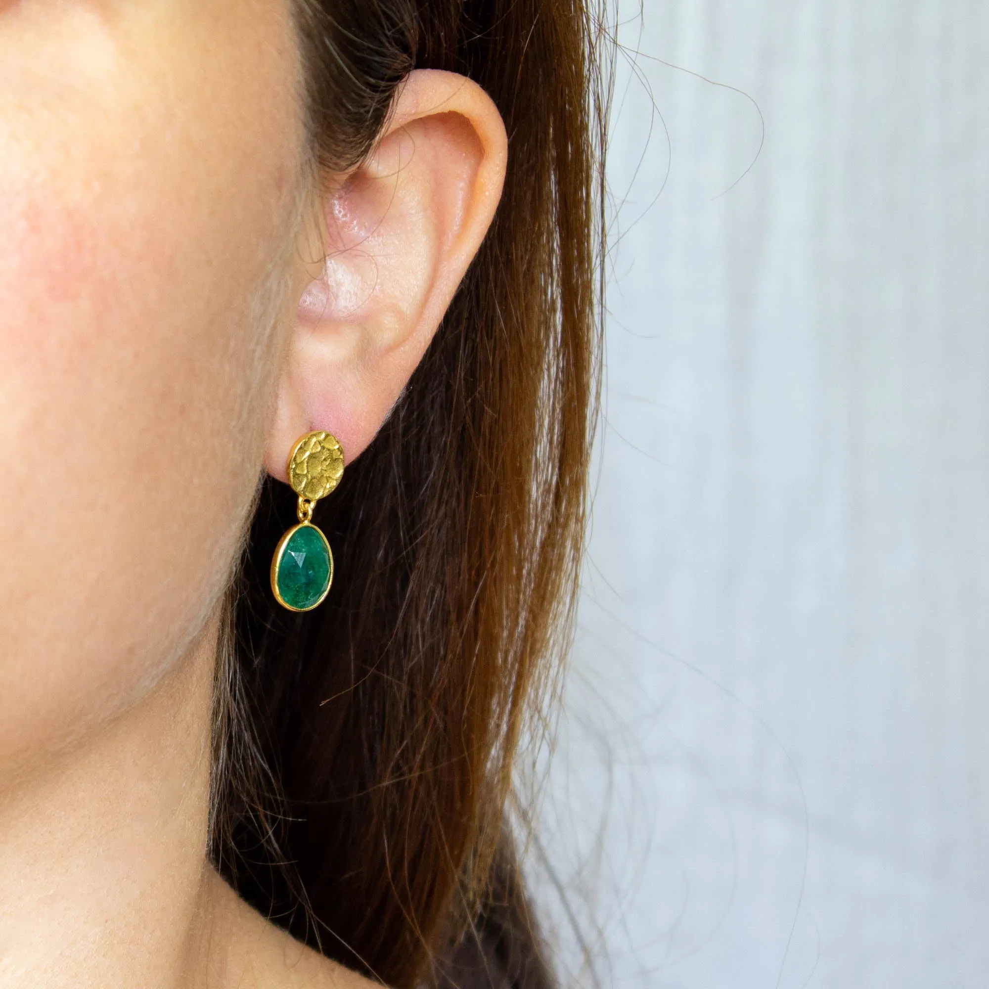 Textured Gold and Gemstone Oval Earrings