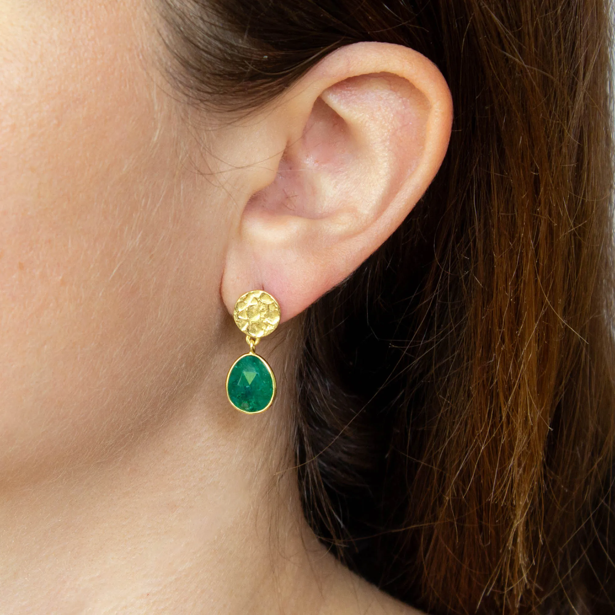 Textured Gold and Gemstone Oval Earrings