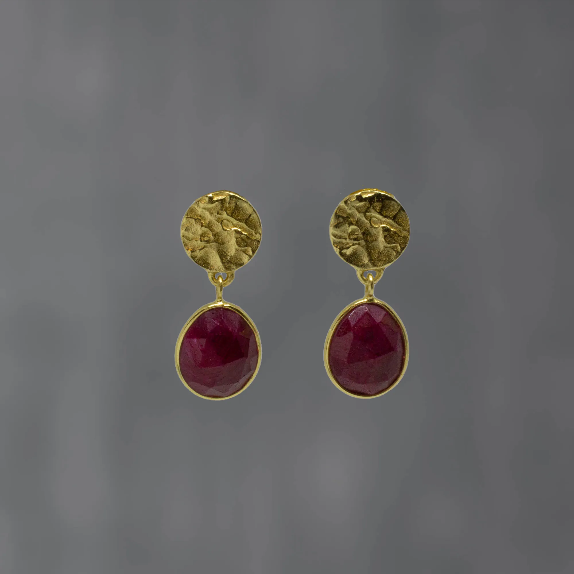 Textured Gold and Gemstone Oval Earrings