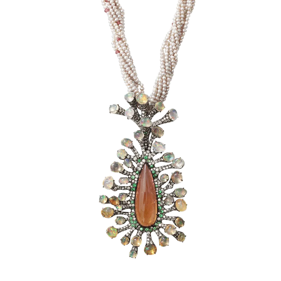 Tourmaline, Fire Opal, And Pearl Necklace