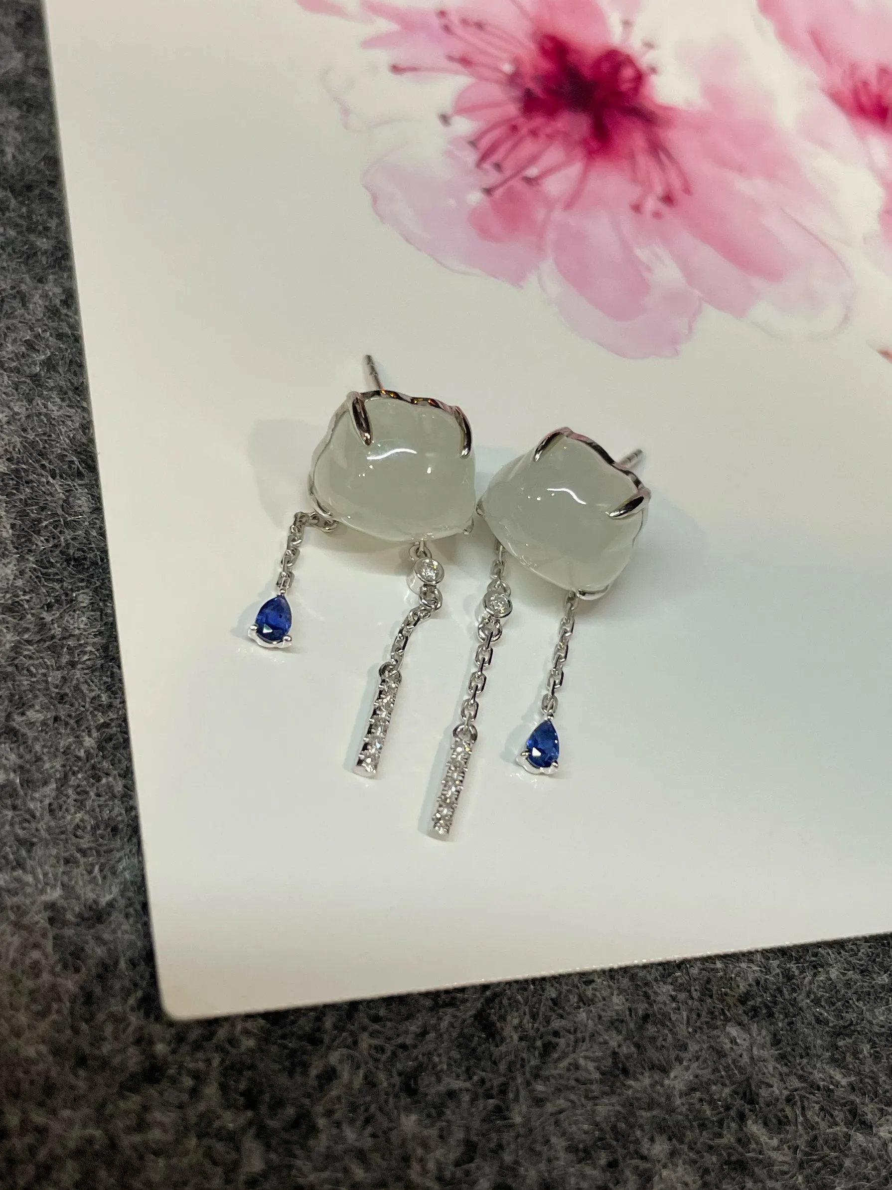 White Jadeite Earrings - Fluffy Clouds (NJE190)